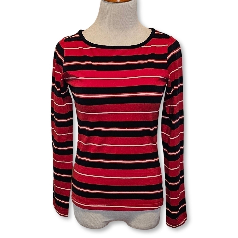 TOMMY HILFIGER Red w/ Black and White Stripes Medium Top